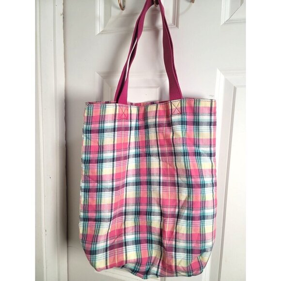 Vintage American Eagle Pink Plaid Canvas Tote Bag With 7 Patch - Picture 3 of 8